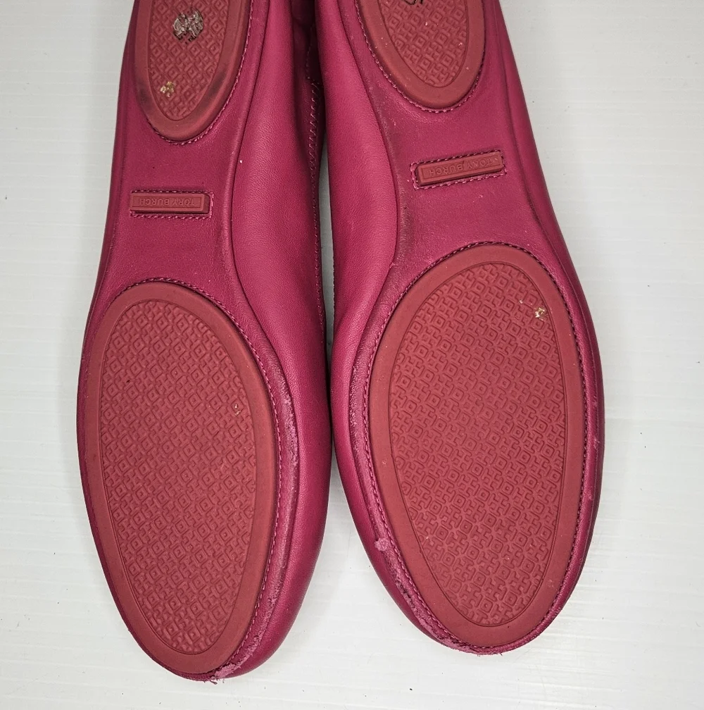 Tory Burch Minnie Flats Size 10.5 Dark Azalea Hot Pink Leather Logo Designer - Picture 6 of 9
